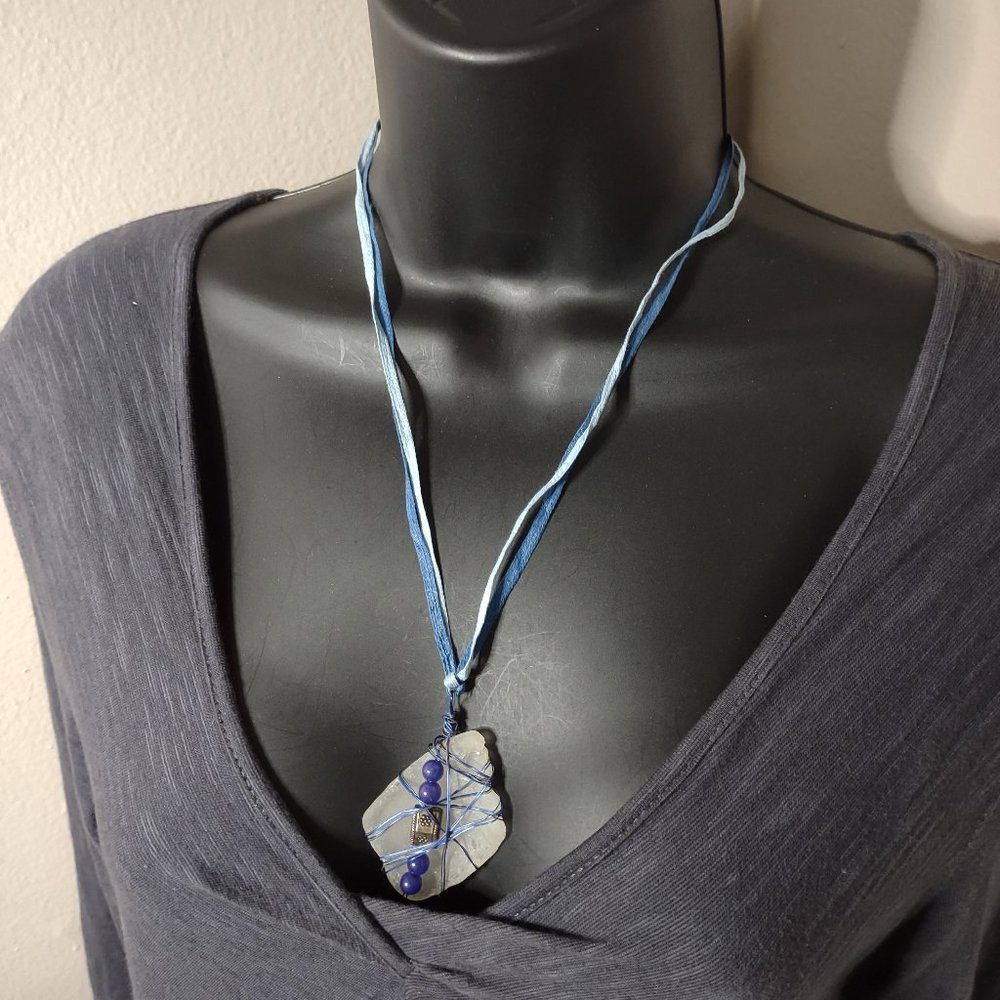 Blue Fabric And White Sea Glass Pendant Necklace